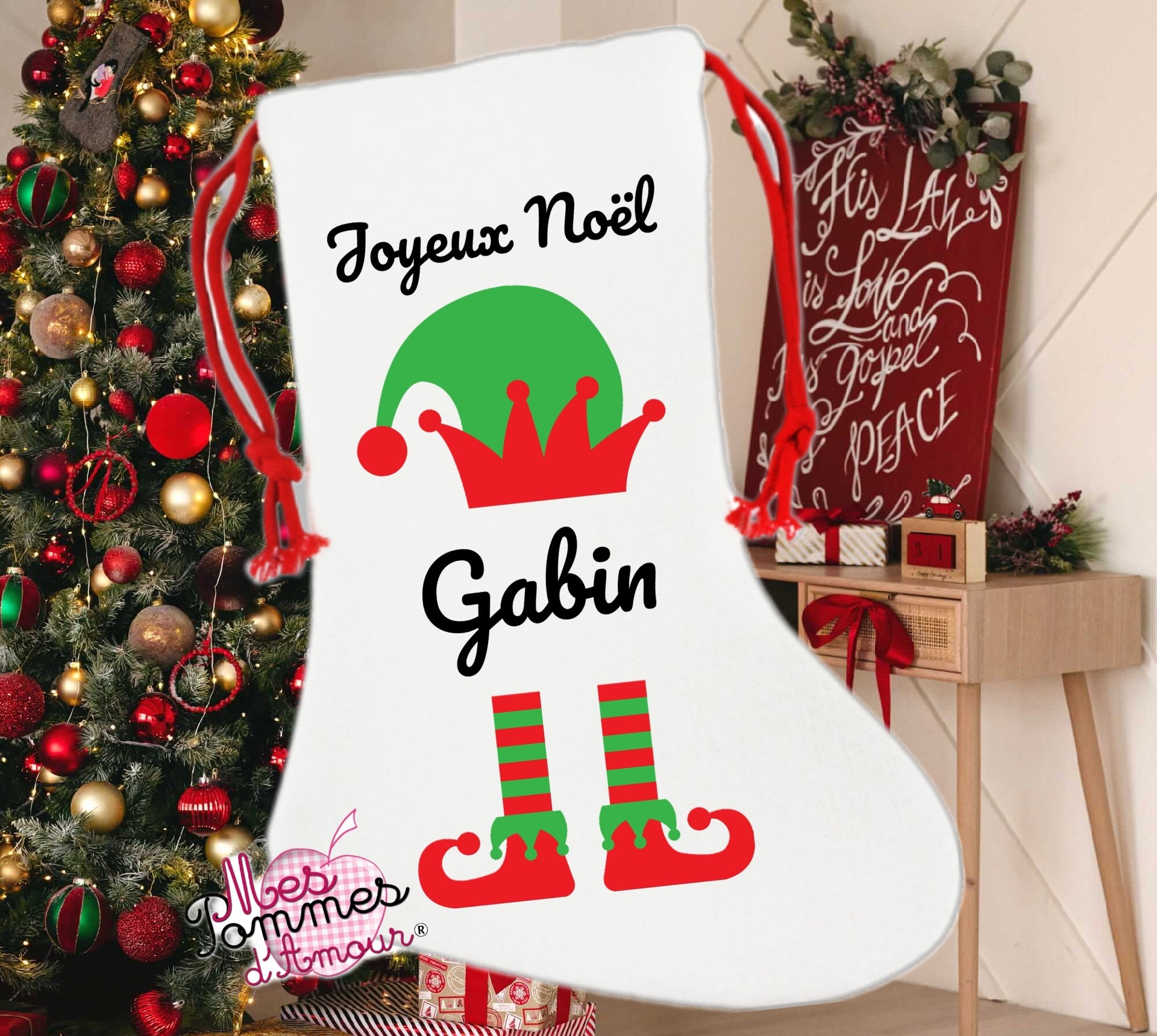 chaussette noel lutin prenom joyeux noel