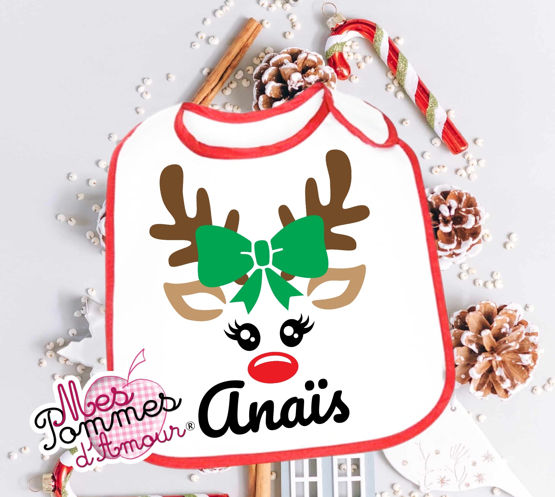 cadeau noel bavoir fille renne prenom
