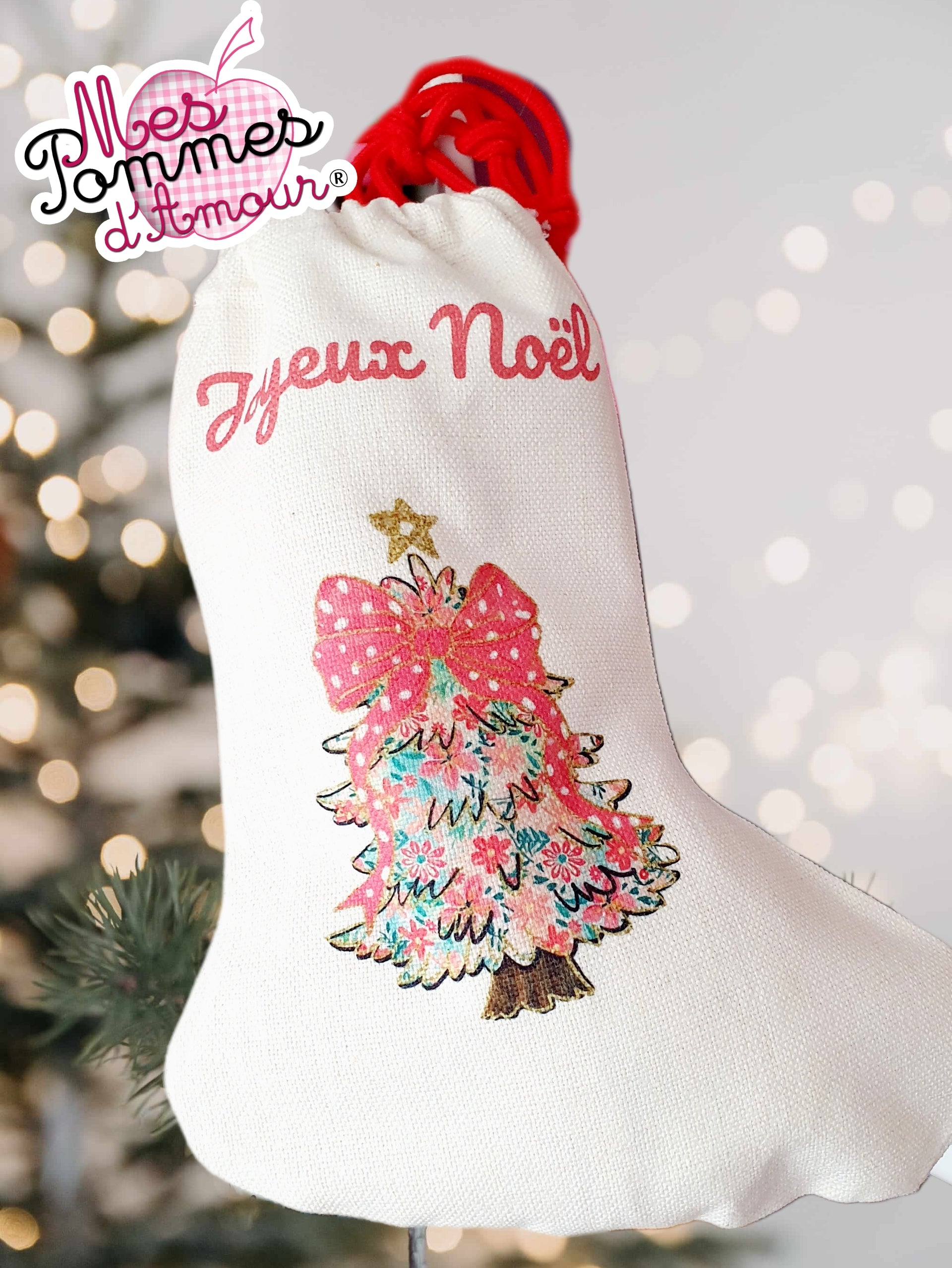 Chaussettes de Noël motif sapin girly gros ruban rose