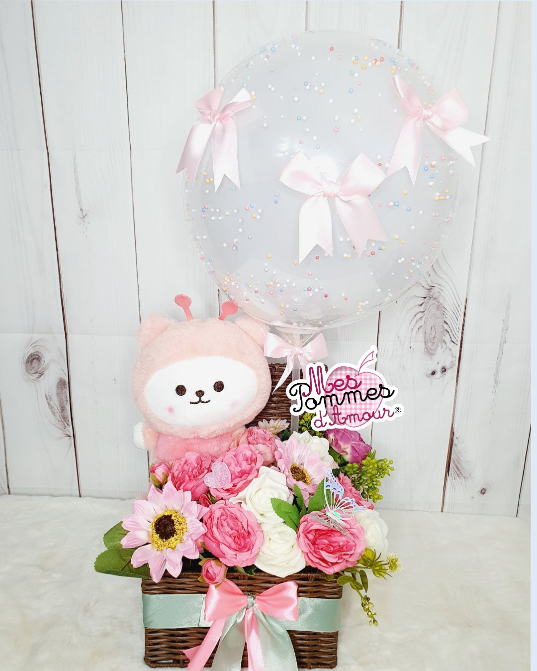 Panier fleuri peluche abeille rose Ballon