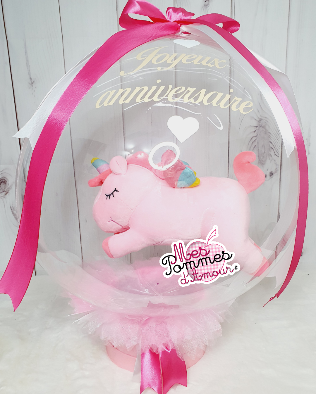 Ballon bulle et sa peluche licorne rose