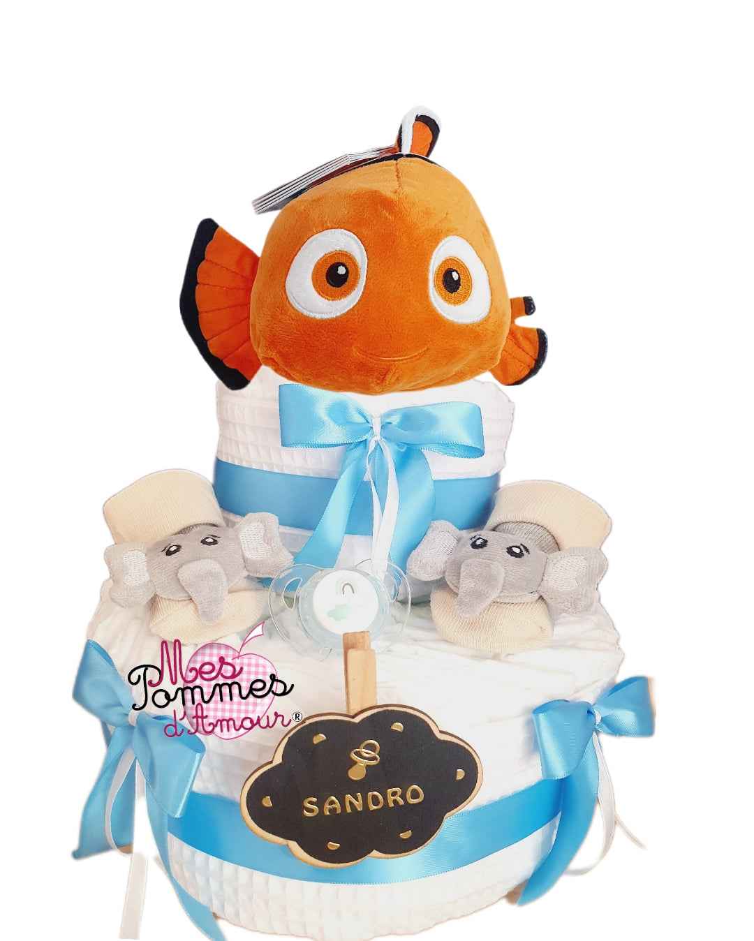 Gâteau de couches garçon peluche Némo - Mes Pommes D'Amour Cadeaux naissance