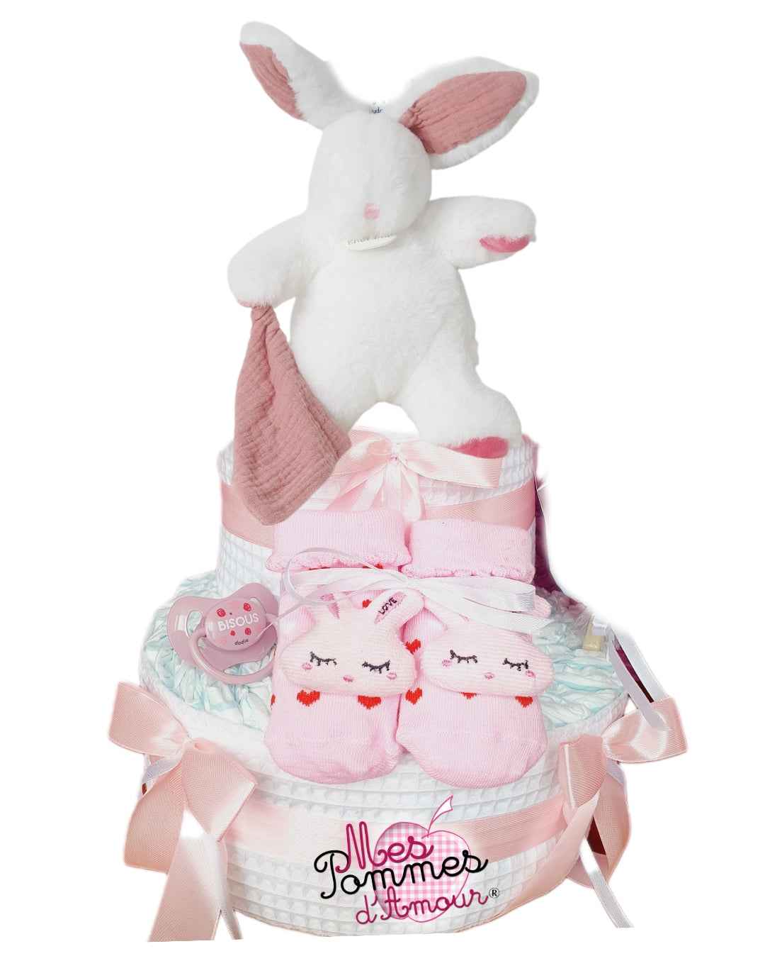 Gâteau de couches doudou lapin blanc et rose - Mes Pommes D'Amour Cadeaux naissance