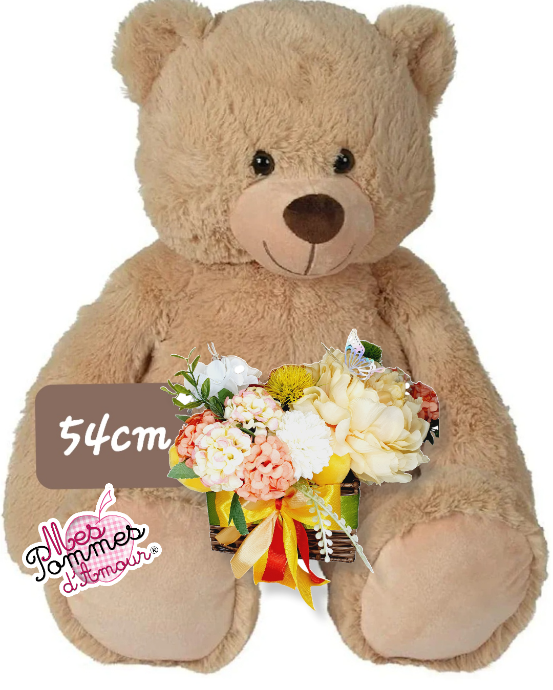 Grand ourson et son petit Panier fleuri personnalisable