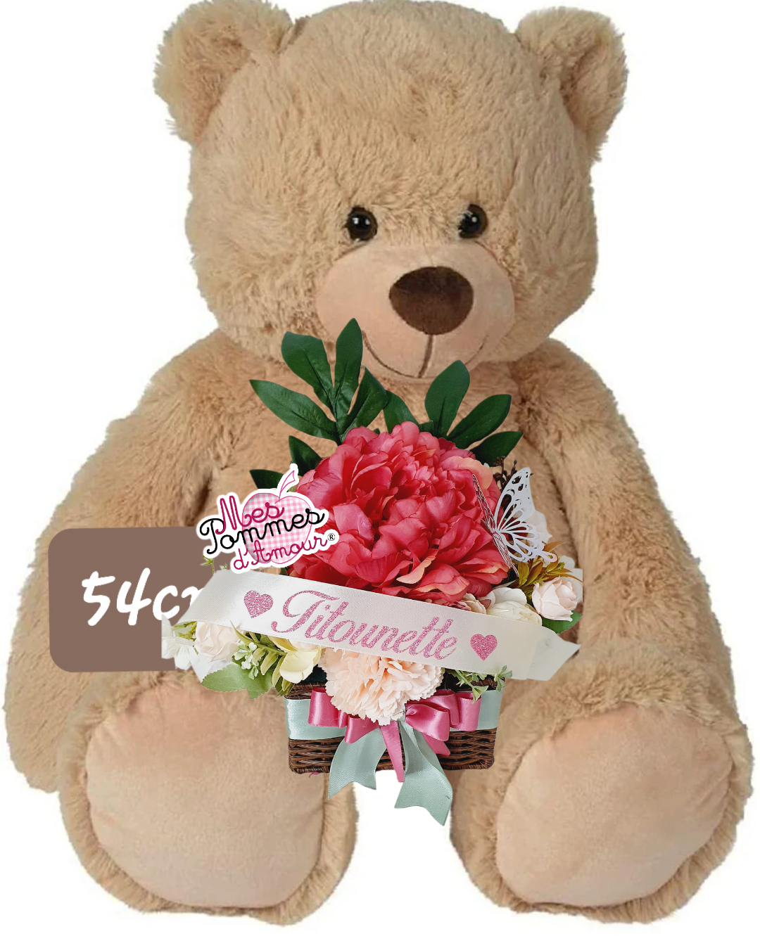 Grand ourson et son petit Panier fleuri personnalisable