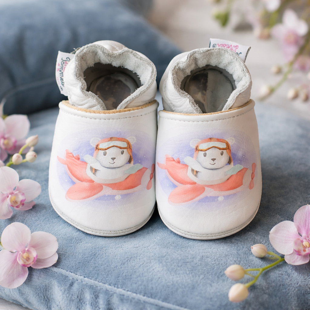 Chaussons en cuir bébé garçon Aviateur - Confort et style pour vos petits pieds - Mes Pommes D'Amour Cadeaux naissance