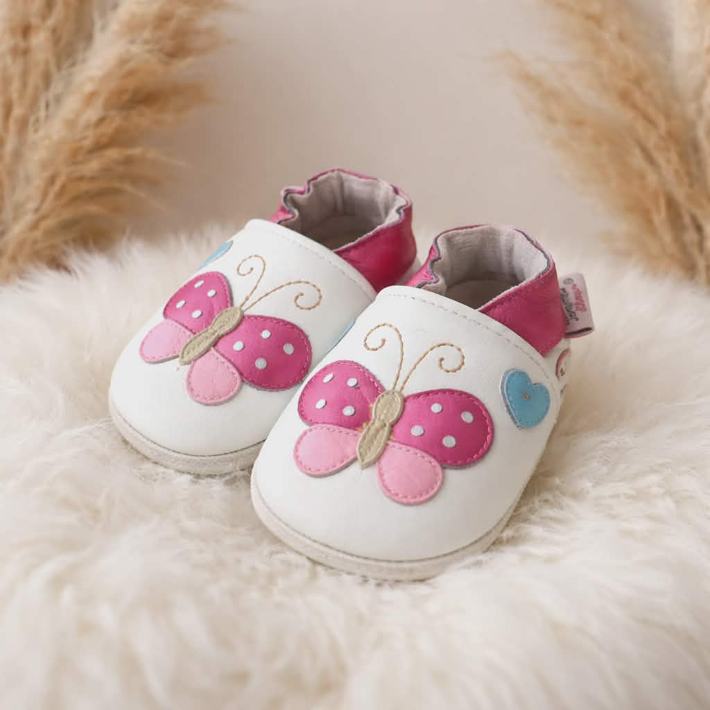 Chaussons en cuir souple mes pommes d'amour pour enfant fille modèle papillon