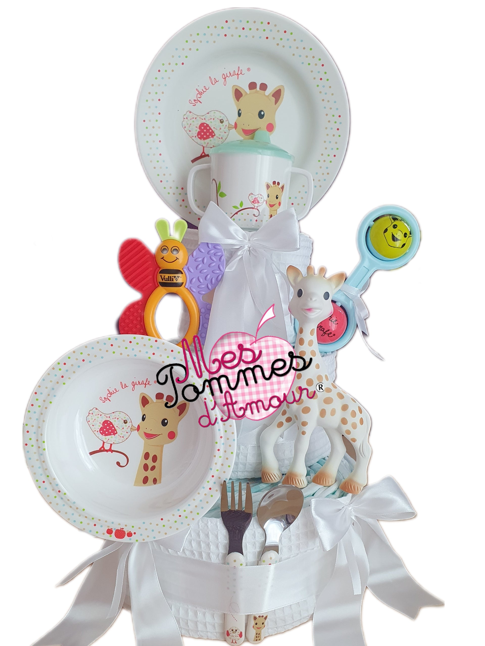 gateau de couches sophie la girafe repas couvert blanc mixte jouet