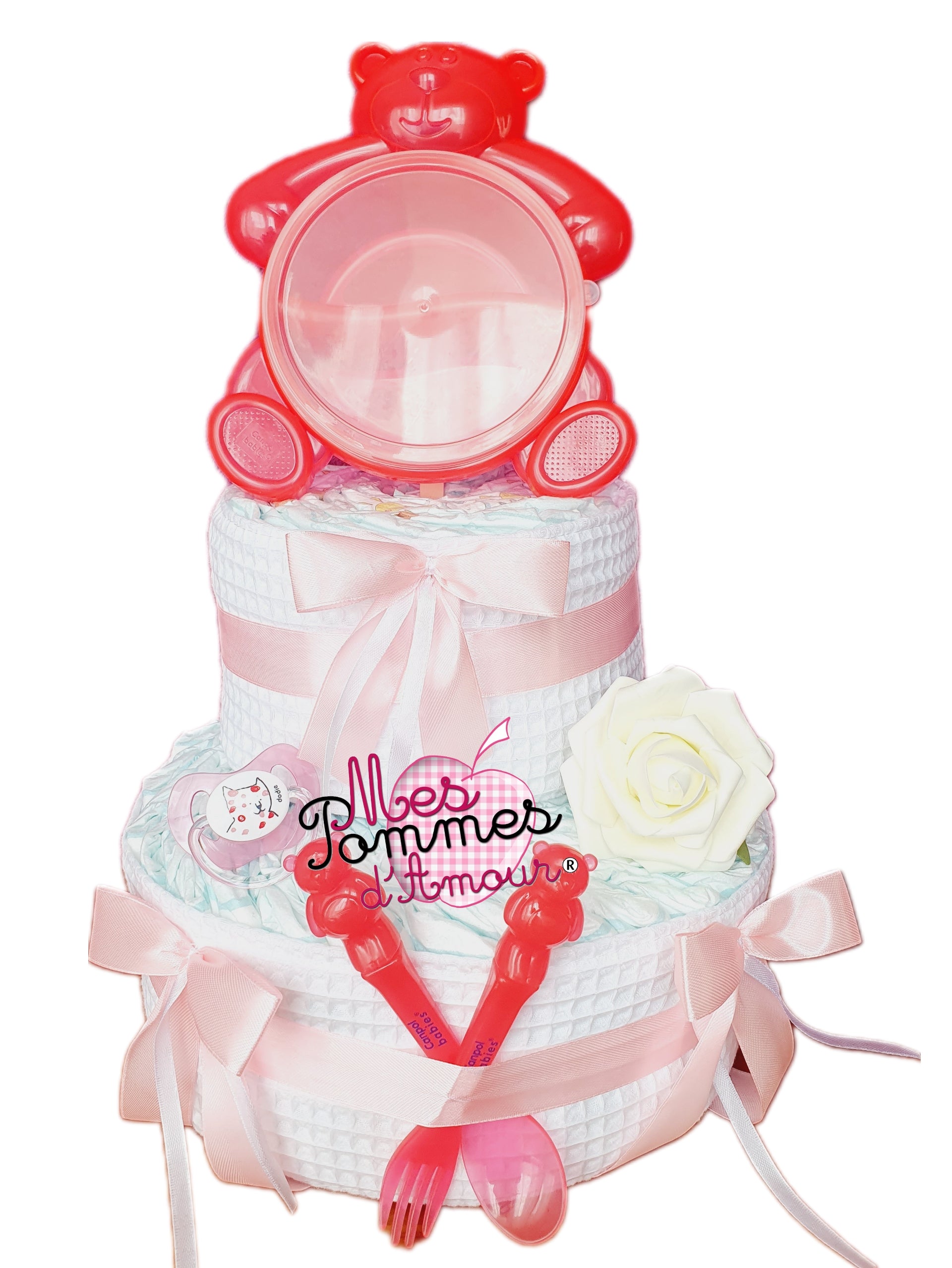 Gateau de couches rose repas bebe couvert et assiette ourson rouge mixte