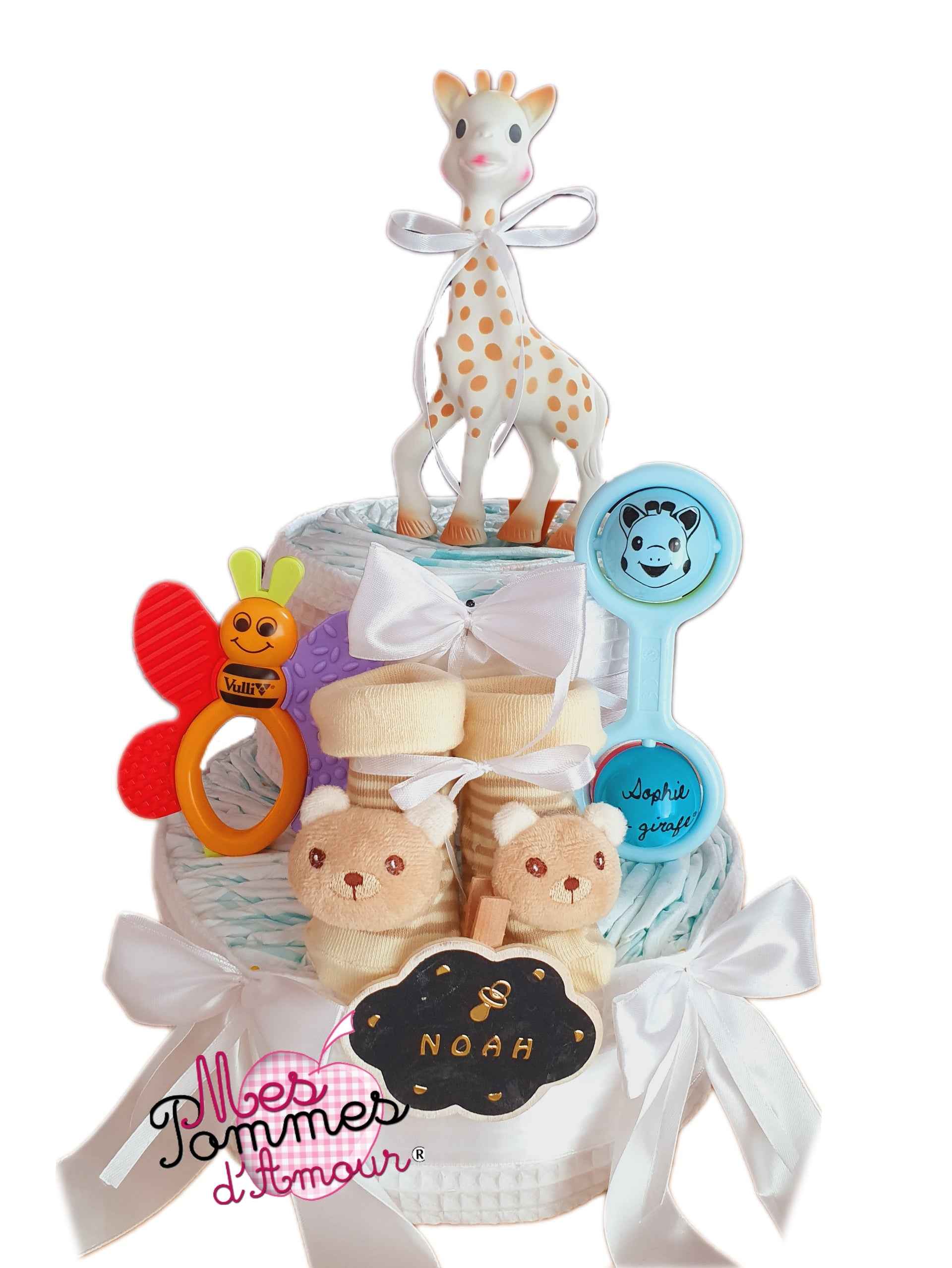 Grand Gâteau de couches mixte jouets Sophie la girafe - Mes Pommes D'Amour Cadeaux naissance