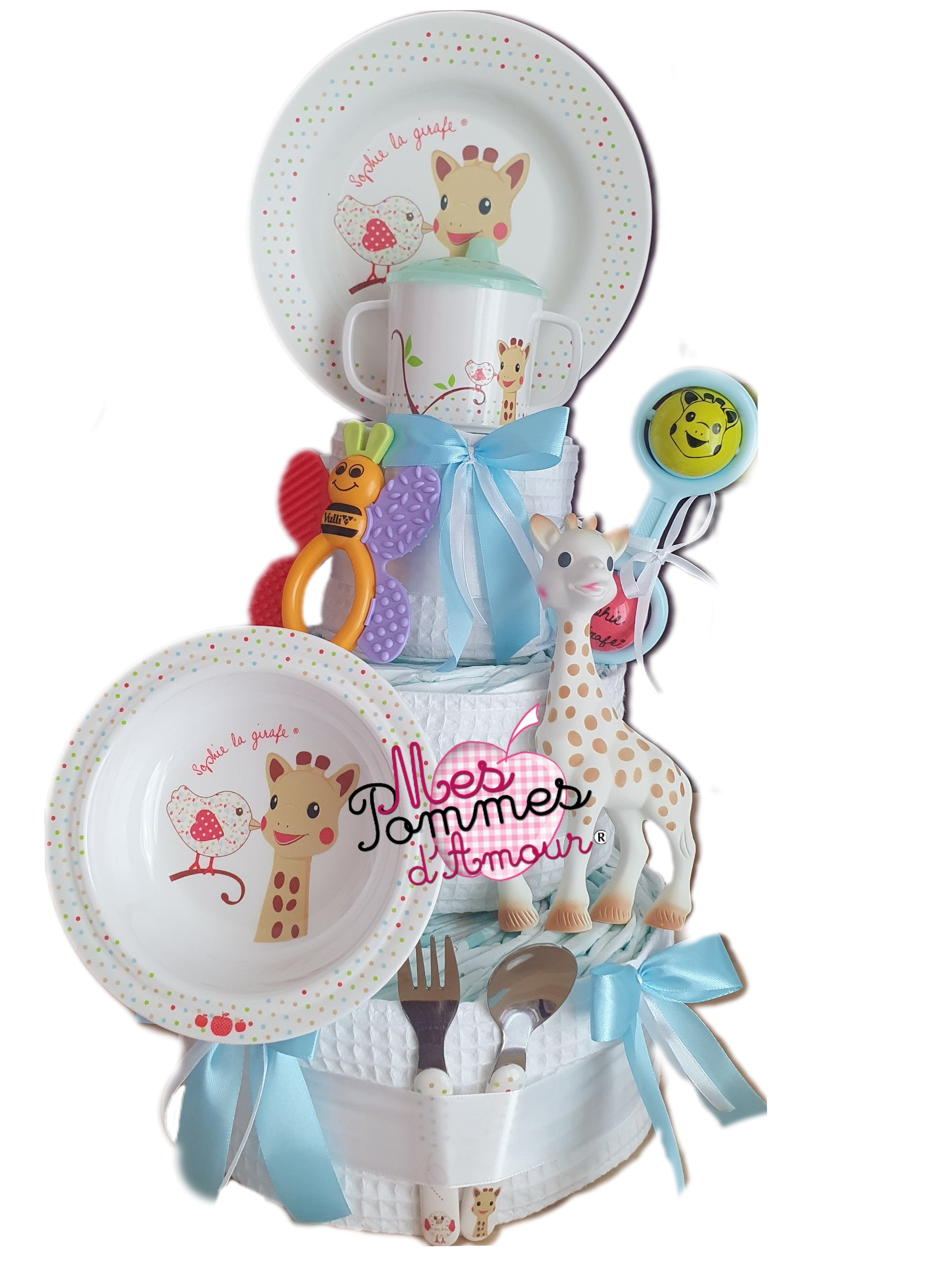 gateau de couches sophie la girafe blanc bleu garçon mixte repas couvert