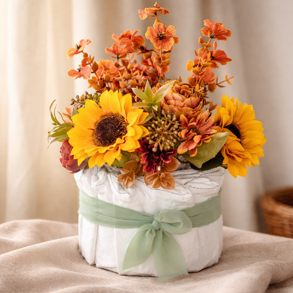 Cadeau naissance fleurs gâteau de couches mixte