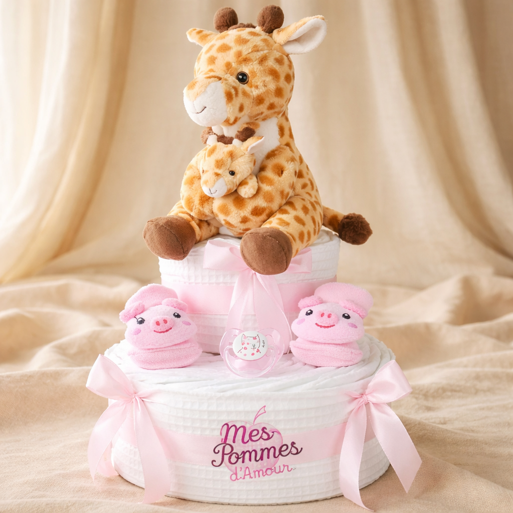 Gâteau de couches girafe fille 30cm pour maman - Mes Pommes D'Amour Cadeaux naissance