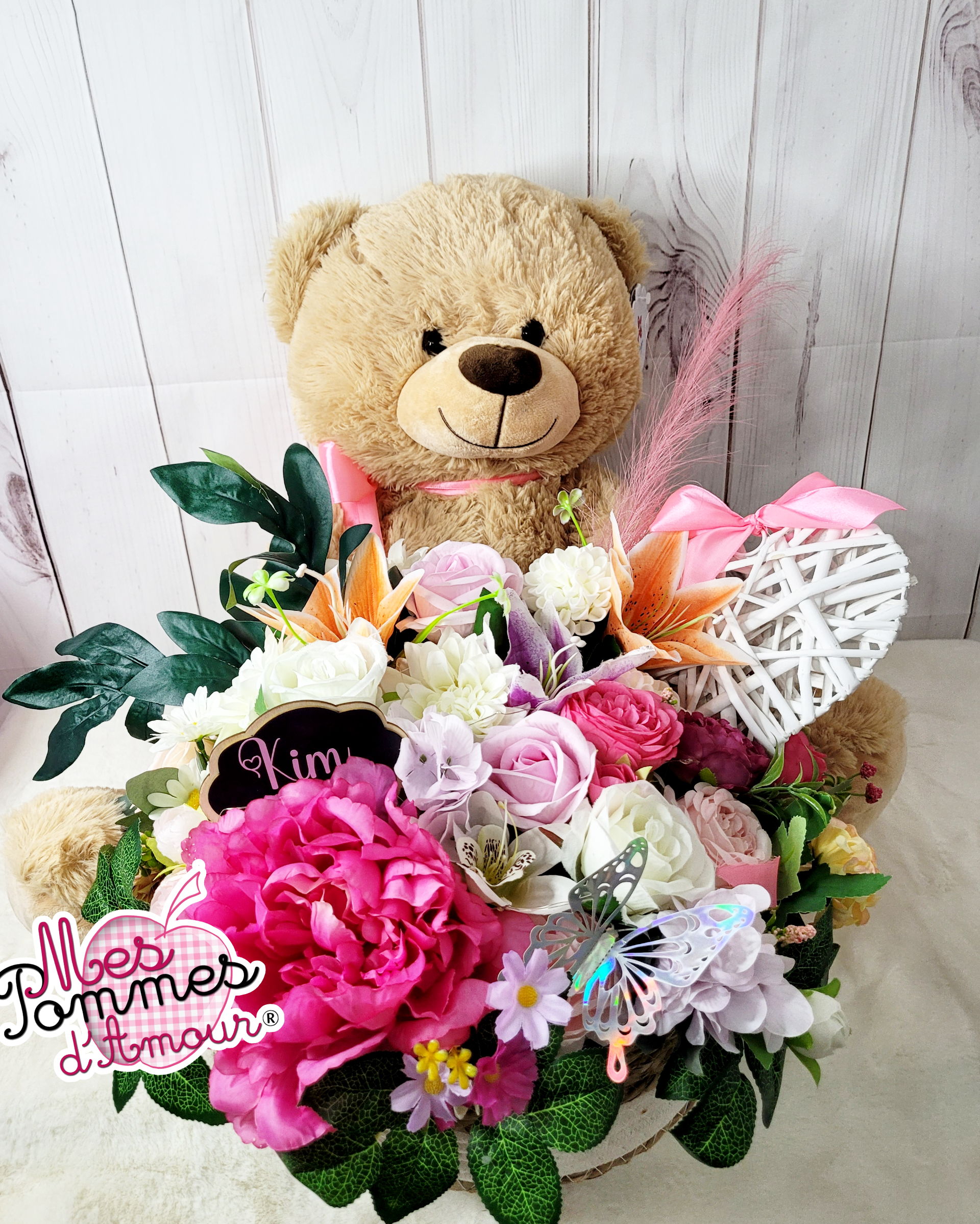 Très grand Panier fleuri et son gros ourson