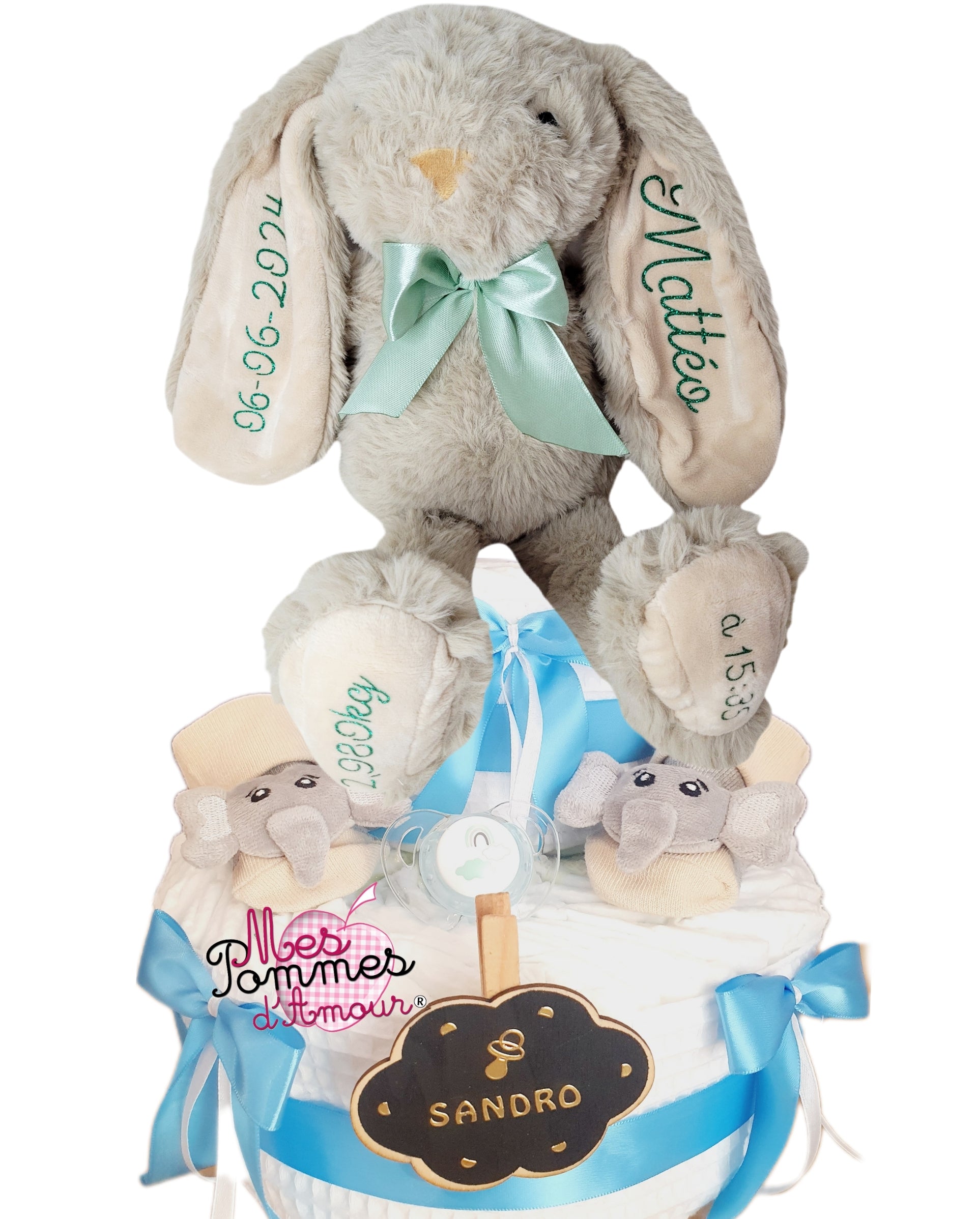 Gâteau de couches garçon lapin personnalisé - Mes Pommes D'Amour Cadeaux naissance