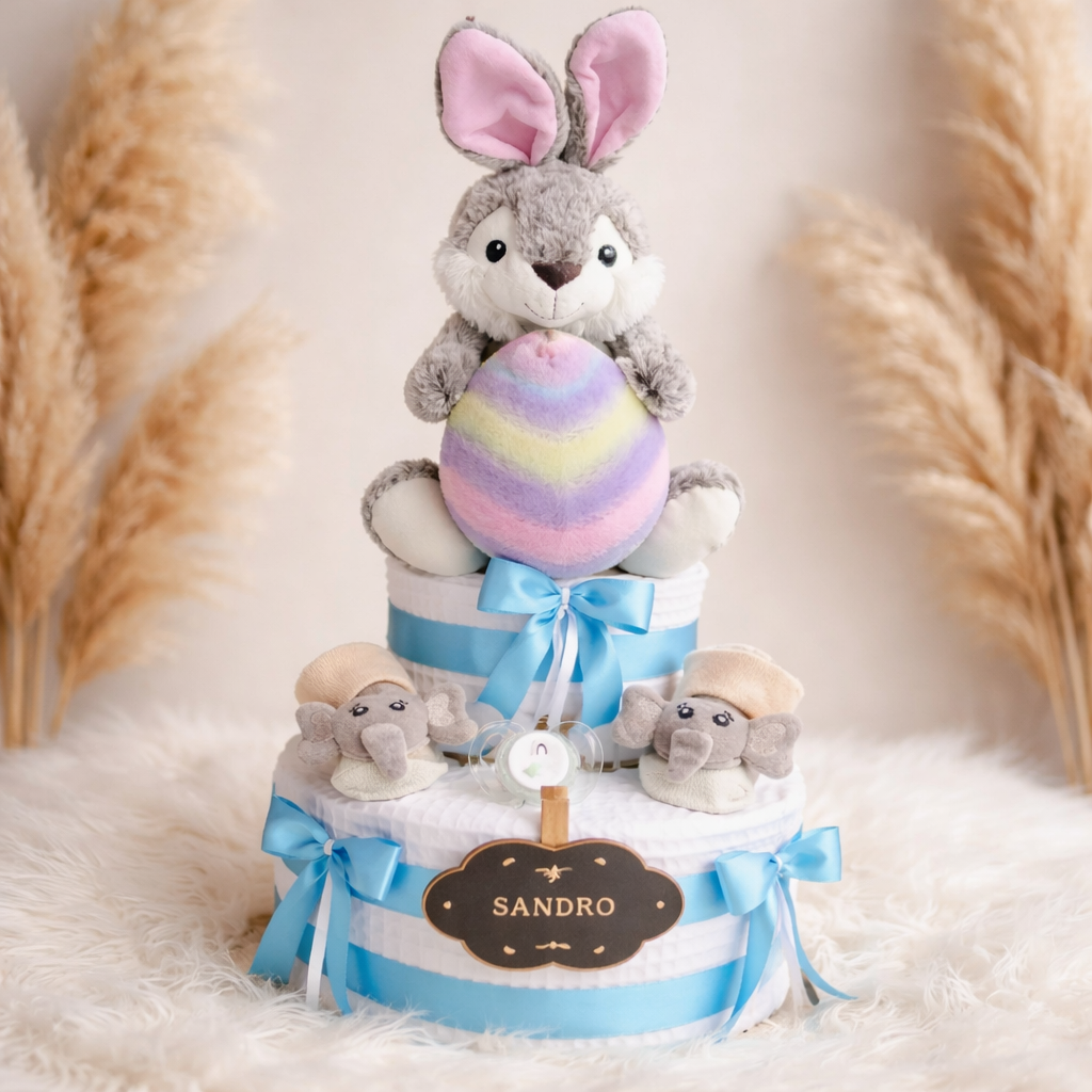 Gâteau de couches lapin de Pâques garçon – Décoration festive et utile - Mes Pommes D'Amour Cadeaux naissance