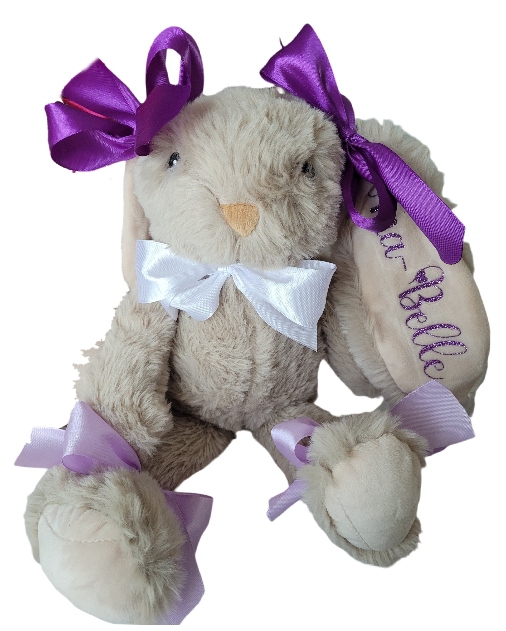 Lapin en peluche nicotoy personnalisé prénom coeur beige violet et mauve