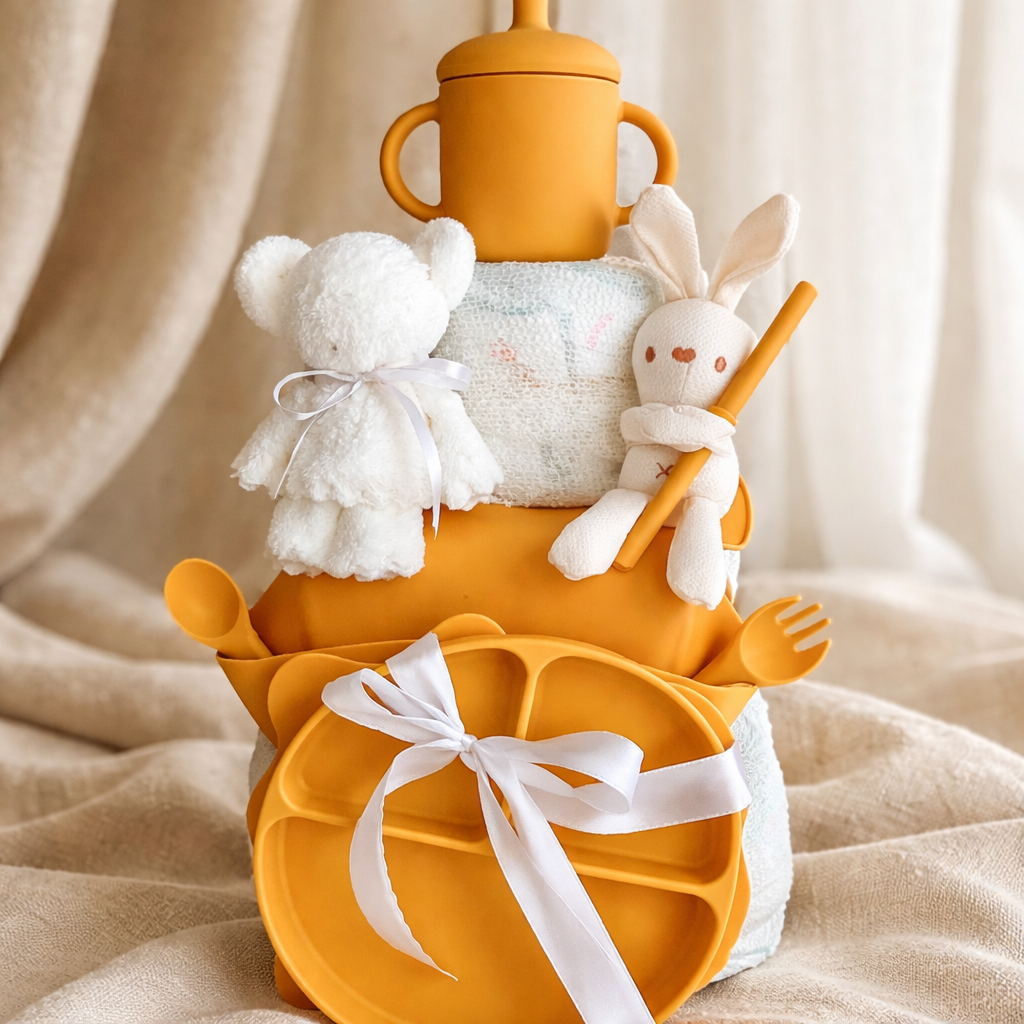 Grand Gâteau de Couches Bébé Mixte Moutarde pour un Accueil Parfait - Mes Pommes D'Amour Cadeaux naissance