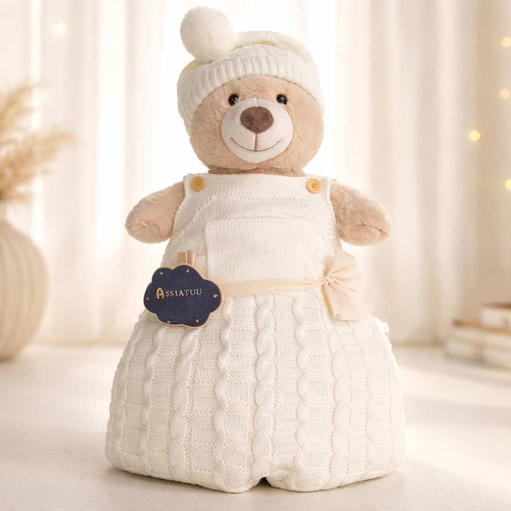Gâteau de Couches Prestige – Cadeau de Naissance Personnalisé layette & Ourson beige