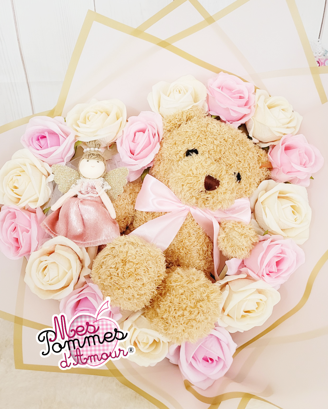 Bouquet cœur ourson rose ivoire