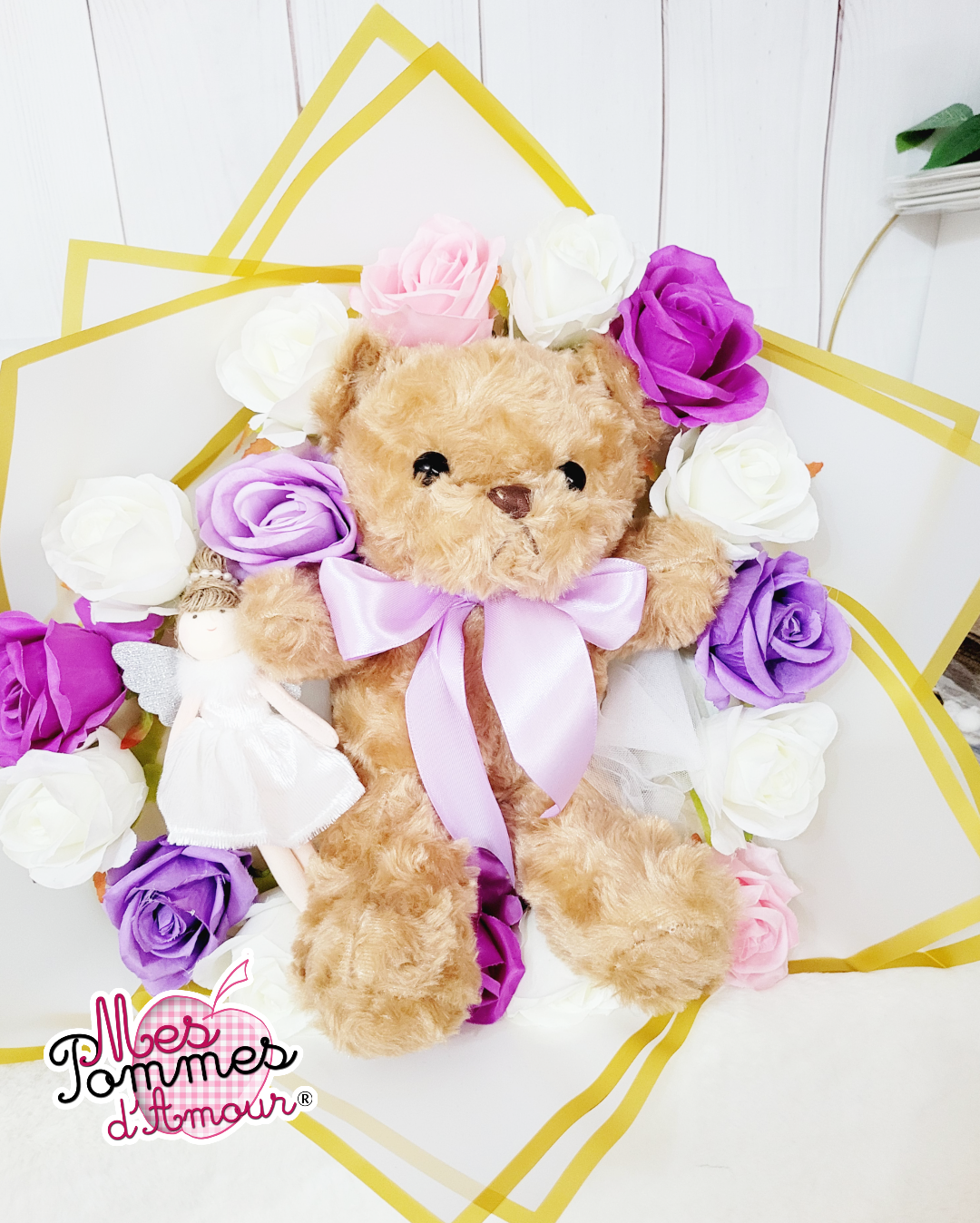 Bouquet cœur ourson mauve violet