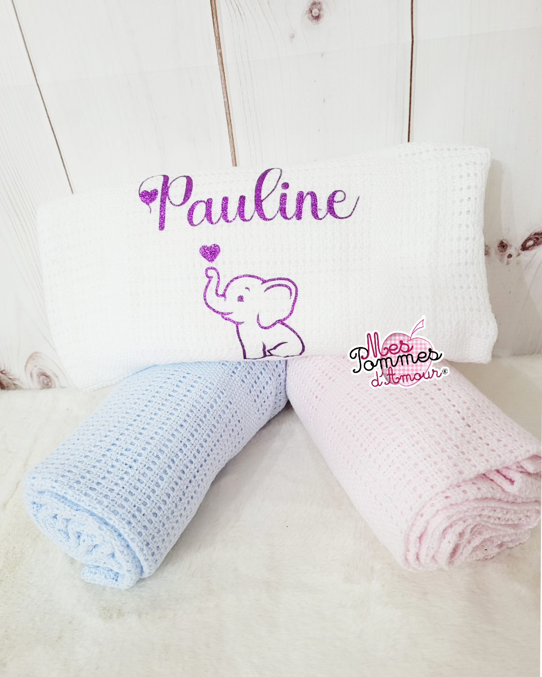 couverture en maille de coton our bébé personnalisé au prénom de l'enfant
