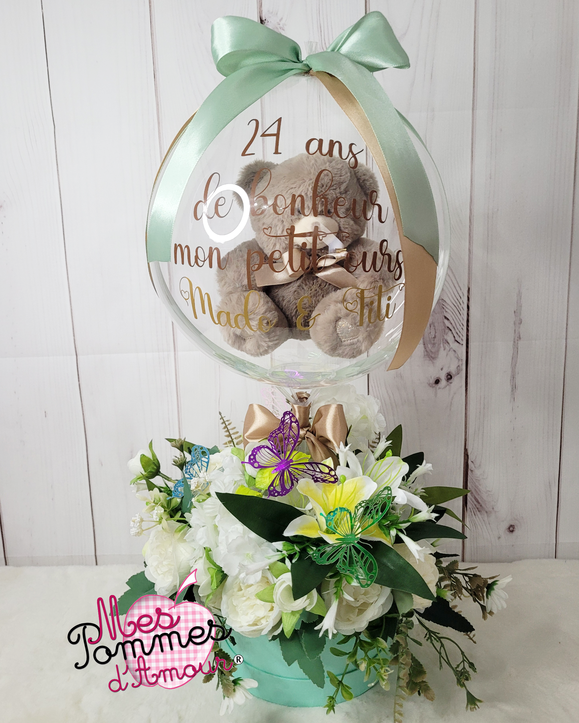 ballon bulle nounours et sa boite fleurie