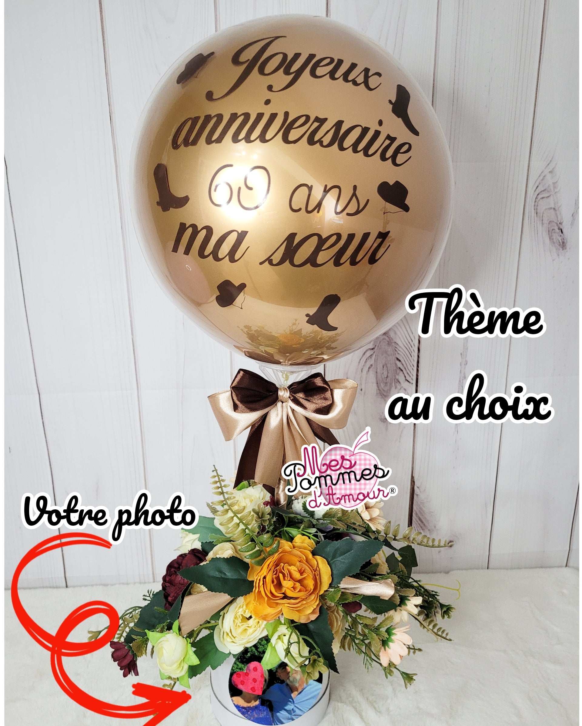 Composition ballon bulle fleurs et photo
