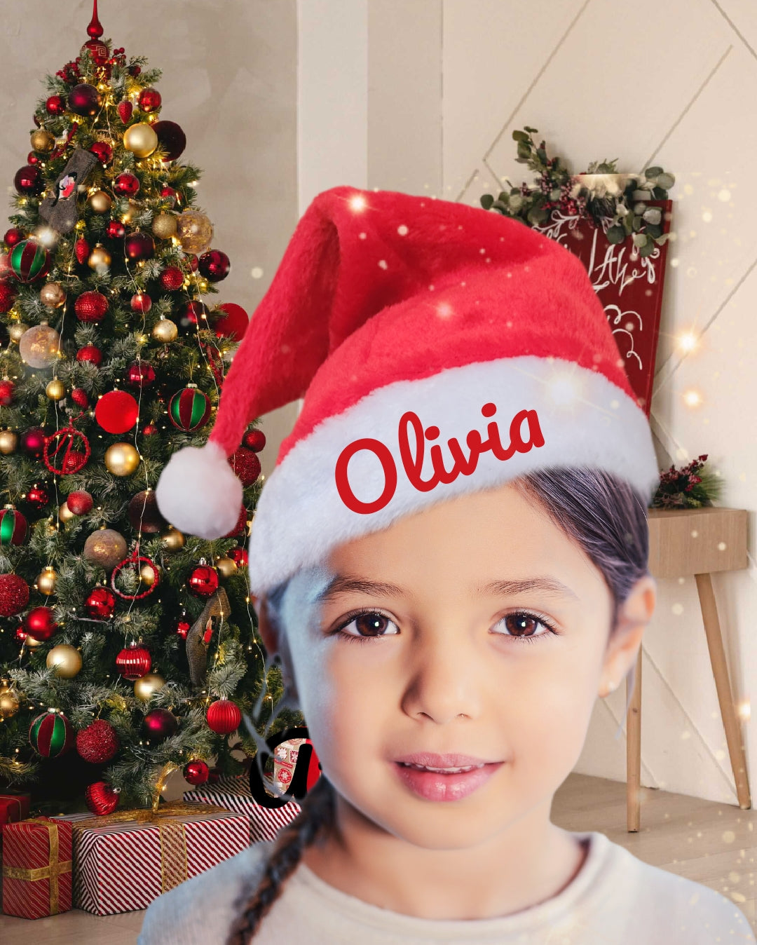 bonnet de noël enfant rouge et blanc avec gros popon blanc et prénom imprimé