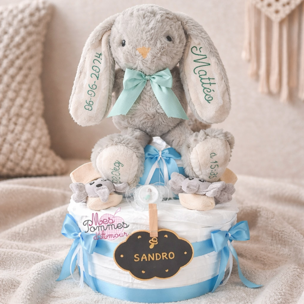 Gâteau de couches garçon lapin personnalisé - Mes Pommes D'Amour Cadeaux naissance