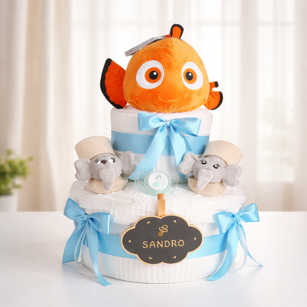 Gâteau de couches garçon peluche Némo - Mes Pommes D'Amour Cadeaux naissance