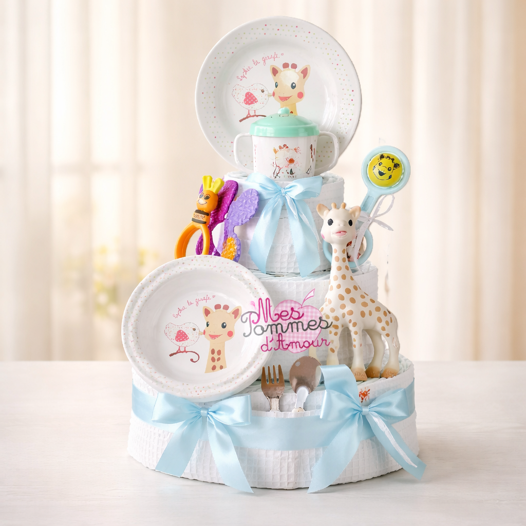 Gâteau de couches bleu Sophie Prestige pour bébé - Mes Pommes D'Amour Cadeaux naissance