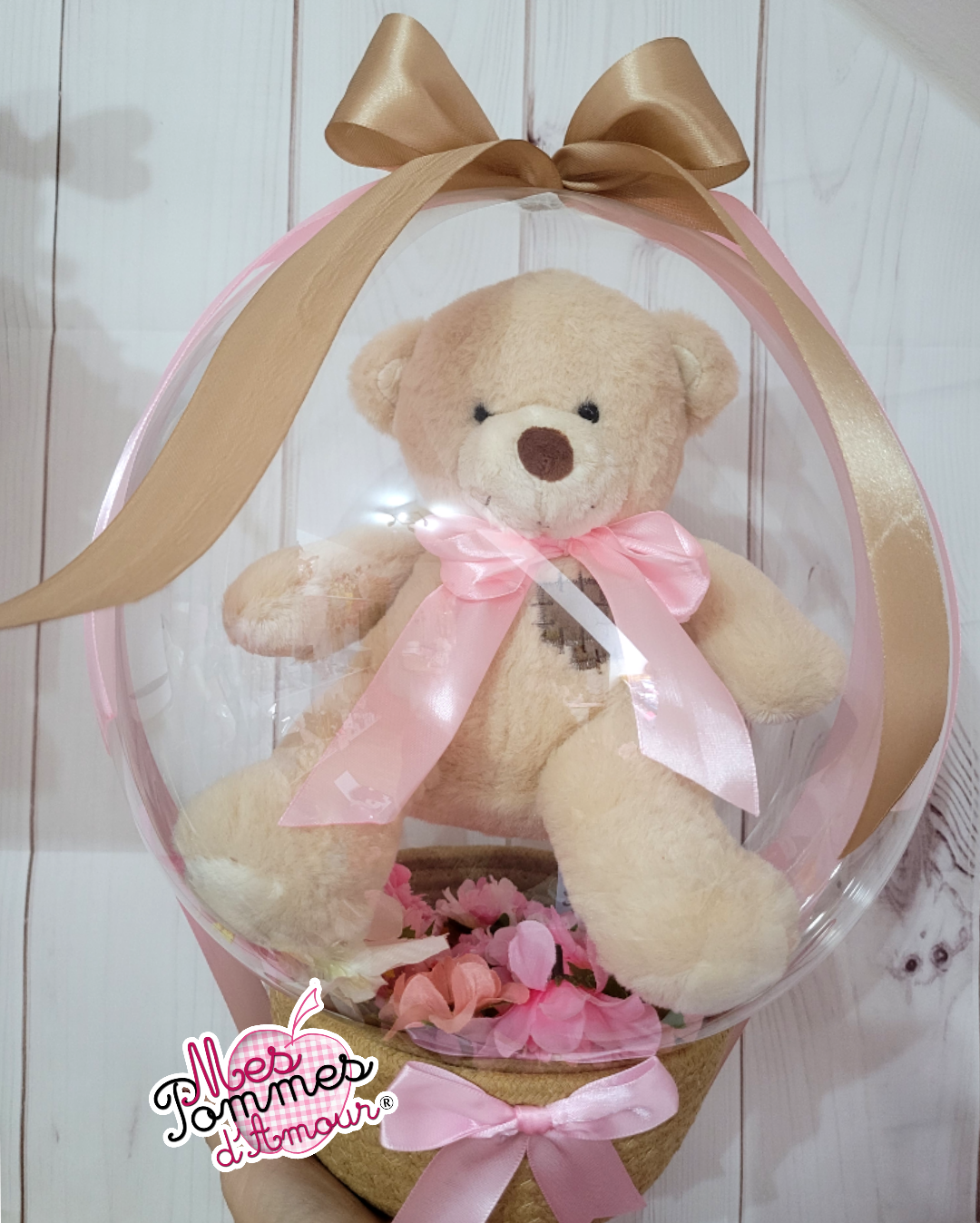 Ballon Bulle avec Peluche ourson fille et fleurs
