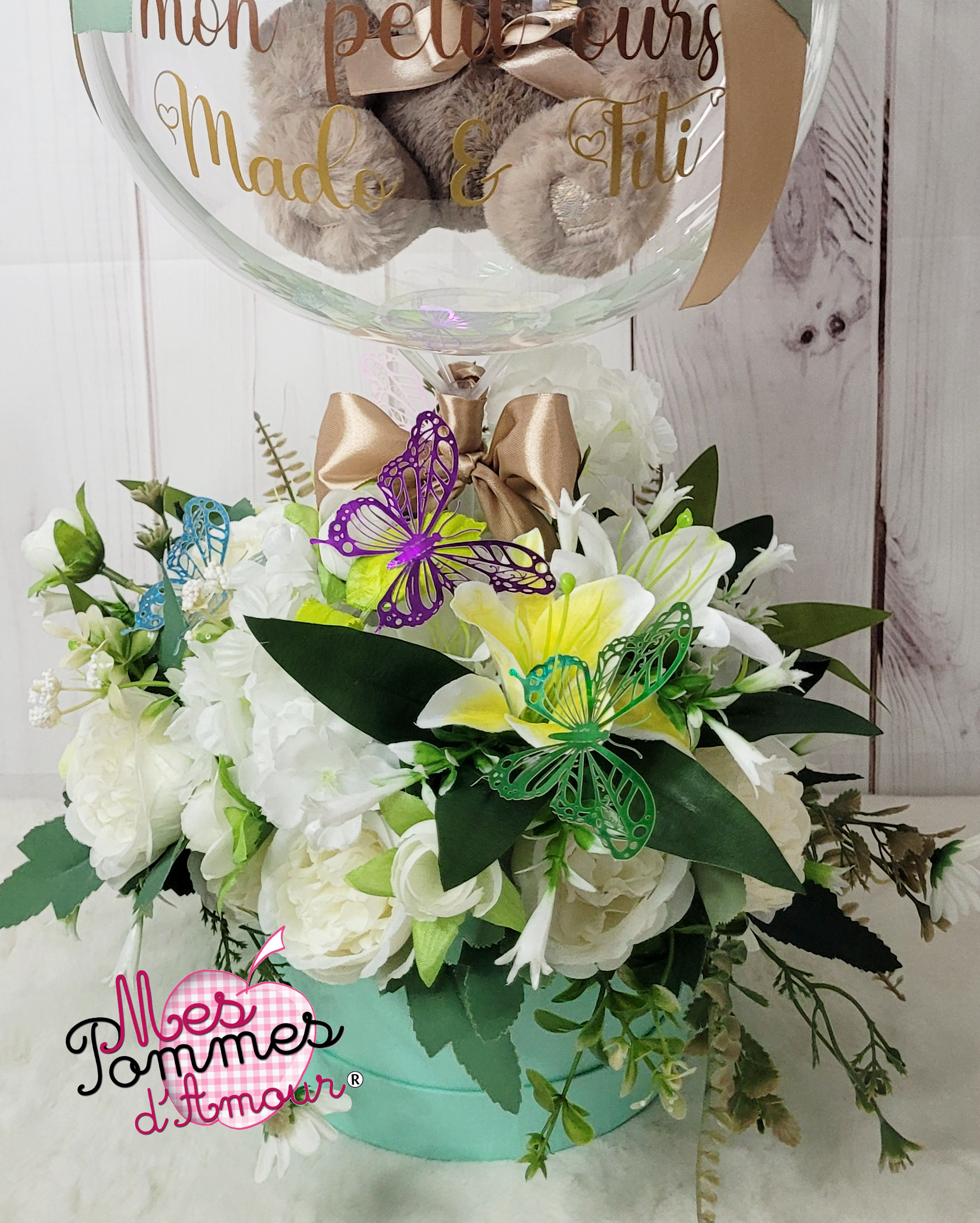 ballon bulle nounours et sa boite fleurie