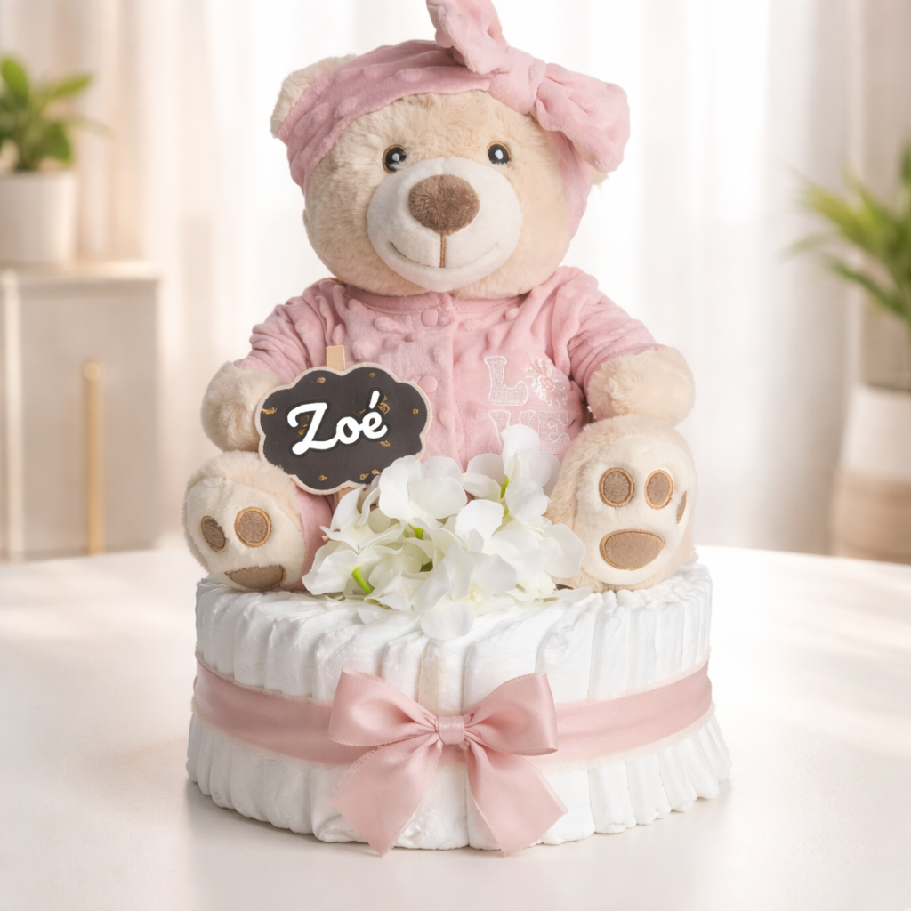 Gâteau de Couches "Douce Nuit" – Coffret Pyjama rose & Peluche Personnalisé fille