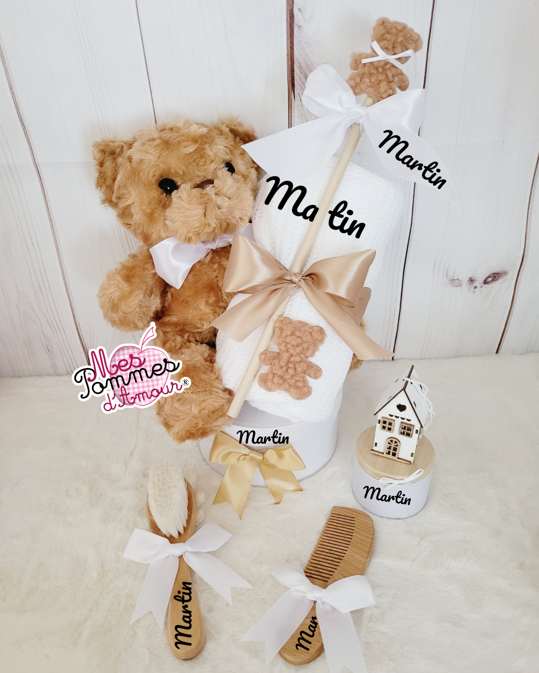 Coffret naissance mixte ourson 7 pièces personnalisée au prénom de bébé