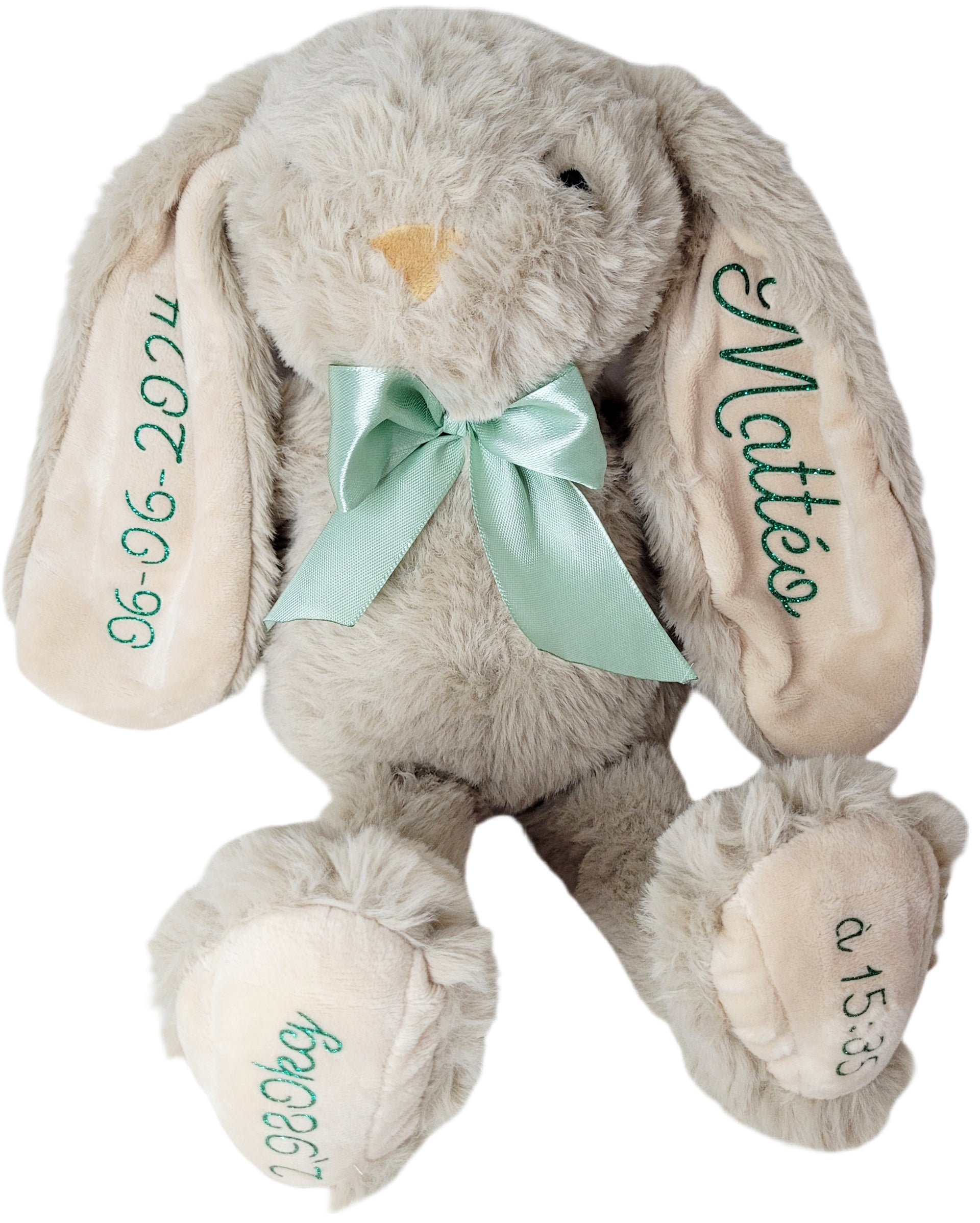 Lapin en peluche nicotoy personnalisé prénom coeur beige vert