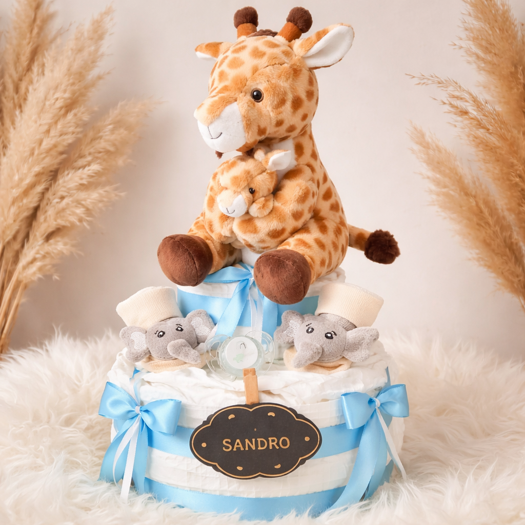 Gâteau de couches garçon maman girafe 30cm et son bébé - Mes Pommes D'Amour Cadeaux naissance