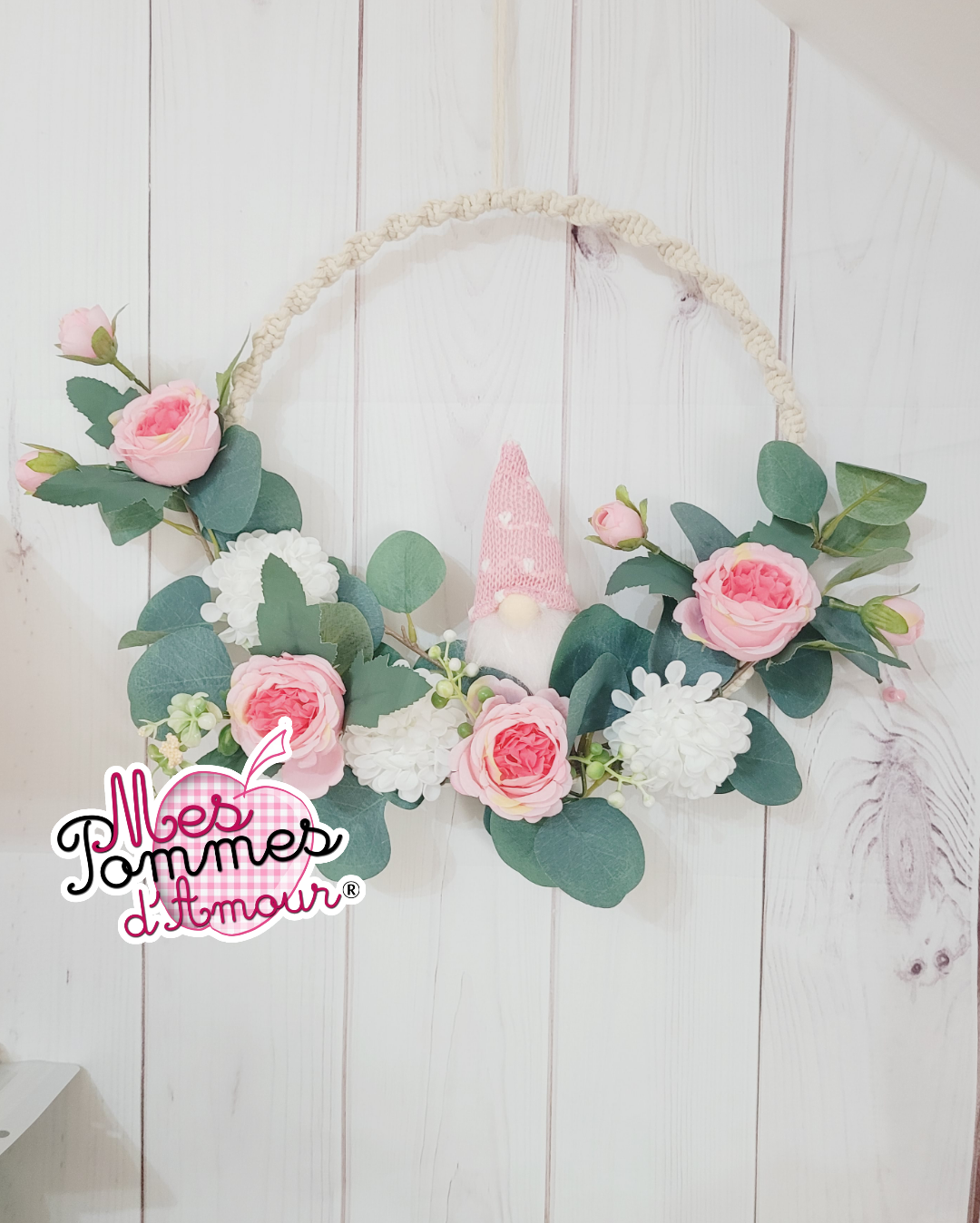 Décoration murale macramé Lutin et fleurs