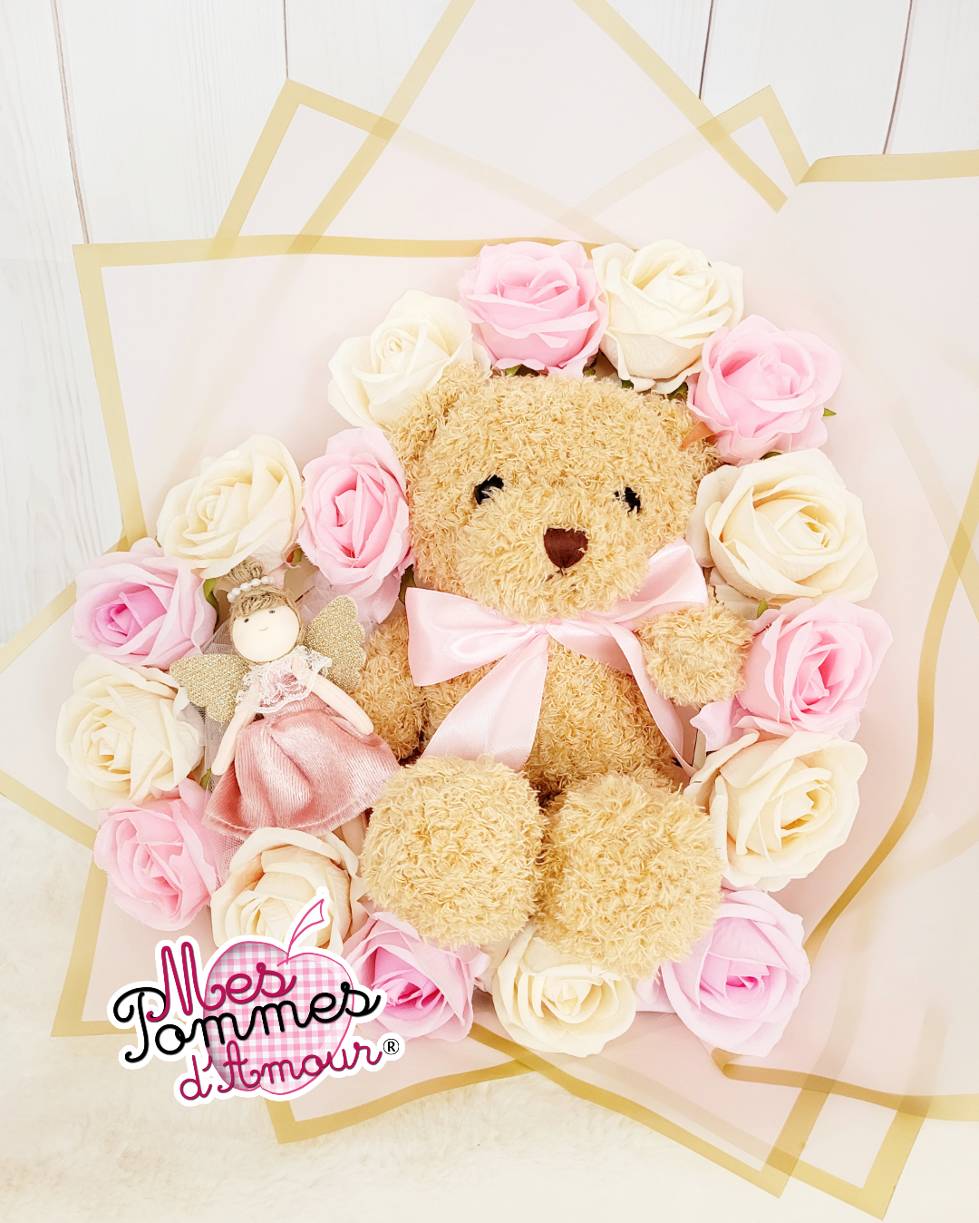Bouquet cœur ourson rose ivoire