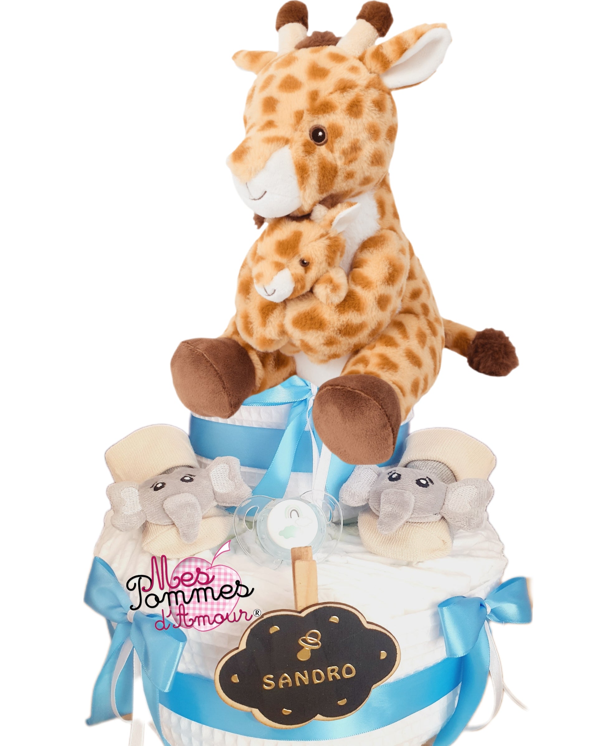 Gâteau de couches garçon maman girafe 30cm et son bébé - Mes Pommes D'Amour Cadeaux naissance