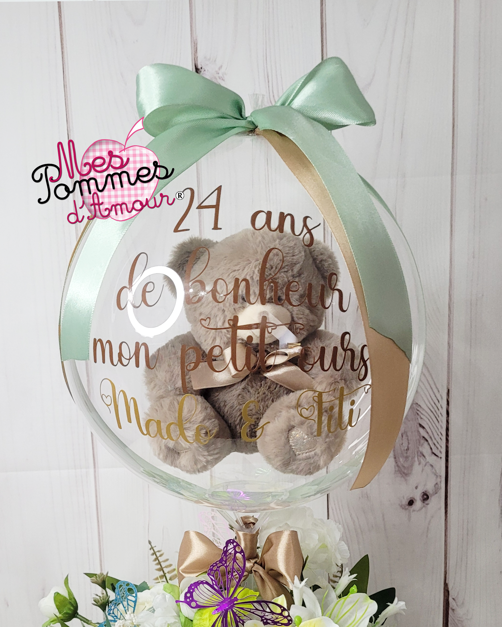 ballon bulle nounours et sa boite fleurie