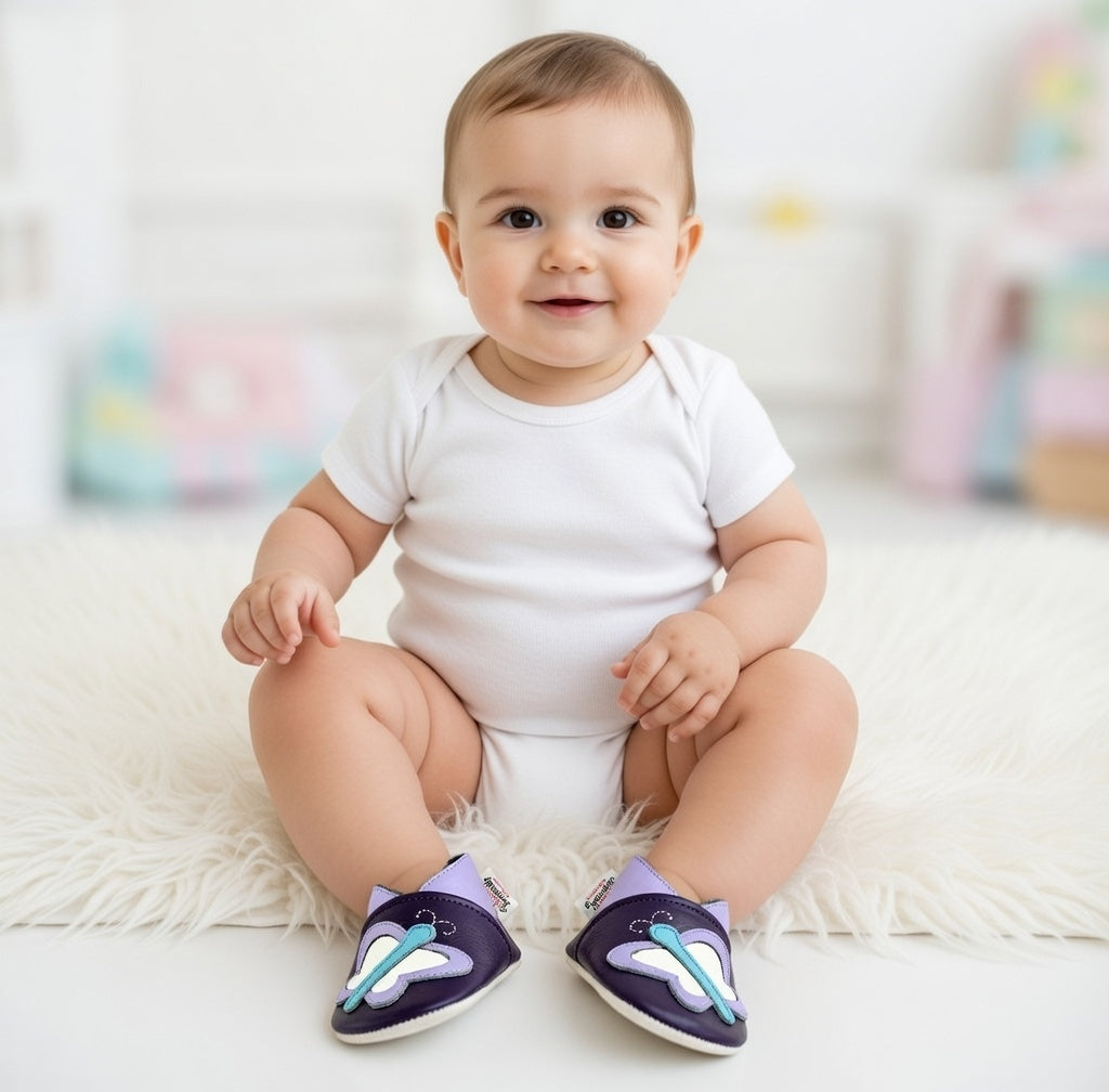 chaussons en cuir fille Papillon Violet - Mes Pommes D'Amour Cadeaux naissance