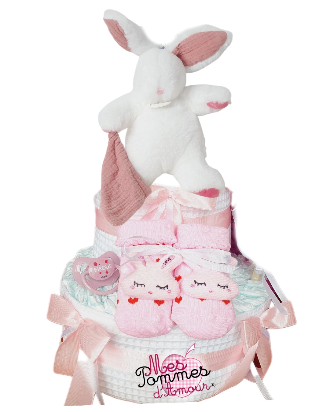 Gâteau de couches doudou lapin blanc et rose