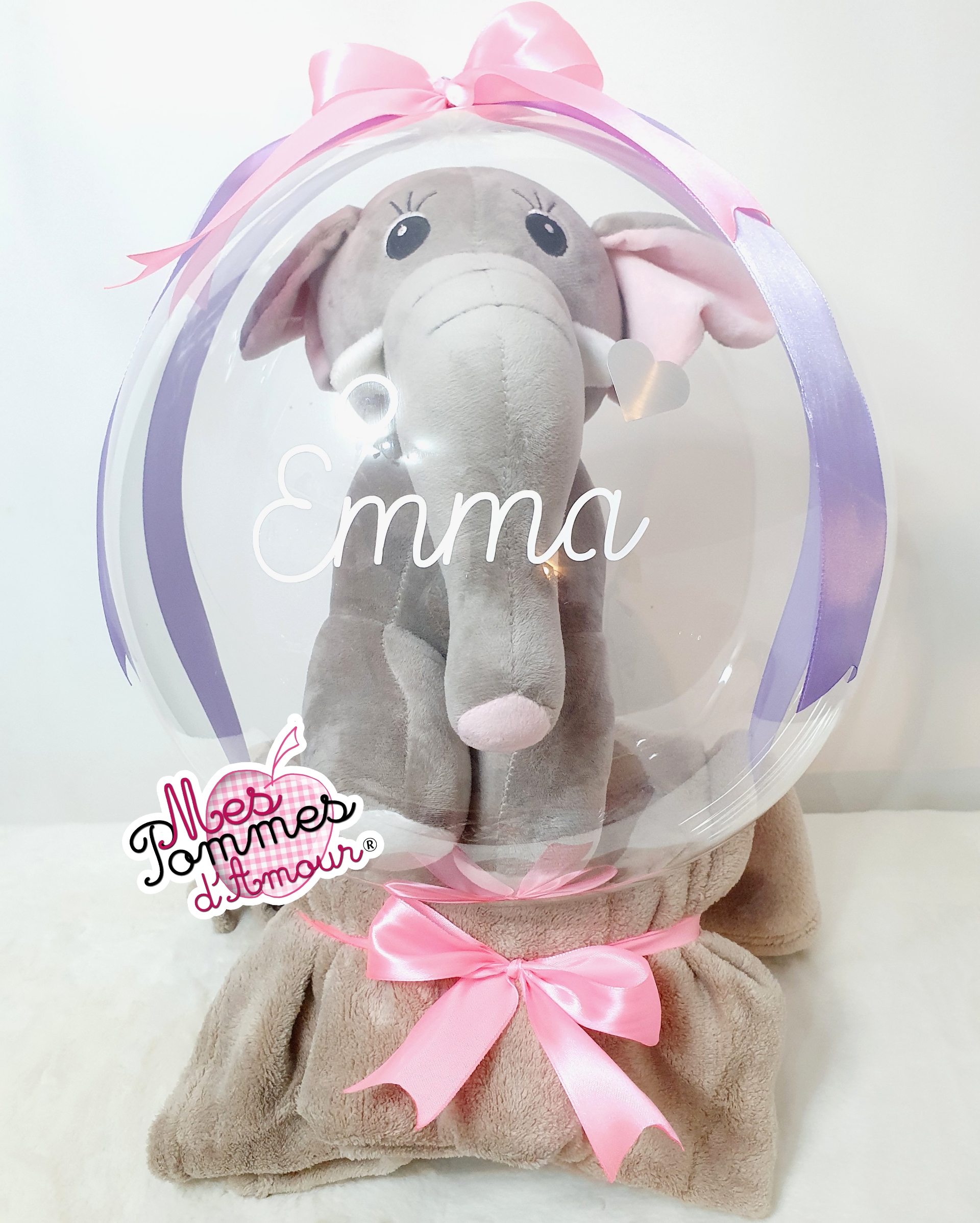 Superbe grand ballon personnalise bulle, pour une petite fille cadeau naissance, bapteme, anniversaire, peluche elephant, coloris rose et mauve violet