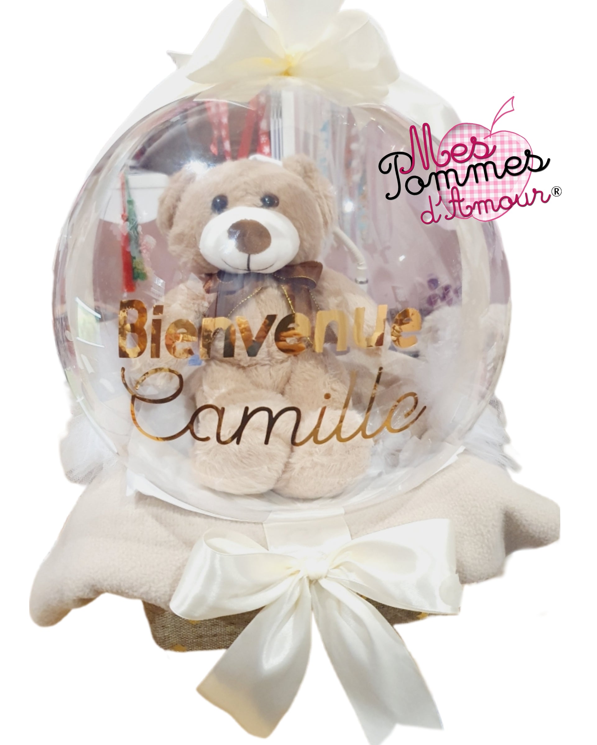 superbe ballon bulle personnalisé pour une naissance de Camille, avec ourson en peluche et panier, prénom et message bebe