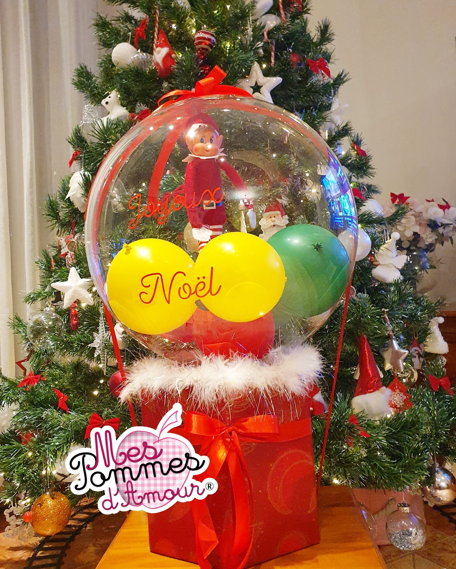 lutin de noel, dans son ballon bulle transparent personnalisé, à offrir pour saint nicolas, et noel, pour l'arrivée du lutin, cadeau enfant