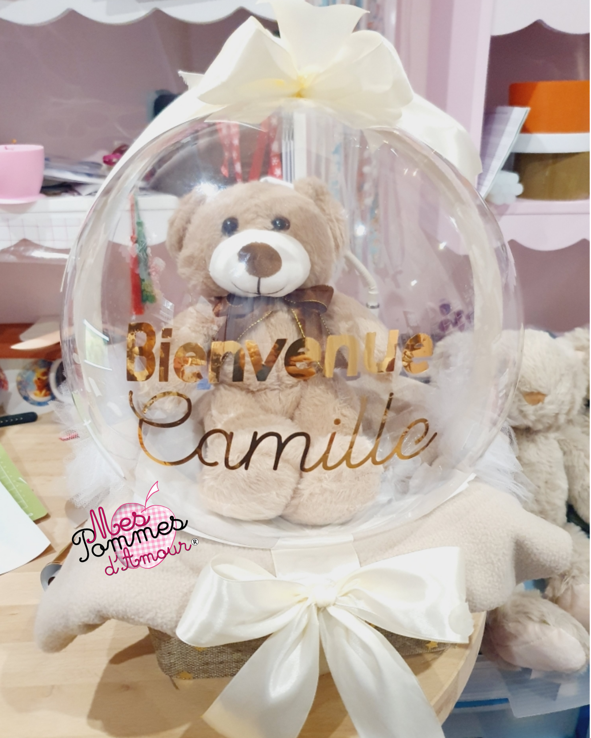 Cadeau naissance personnalisé bobo ballon bulle peluche éléphant gris et rose