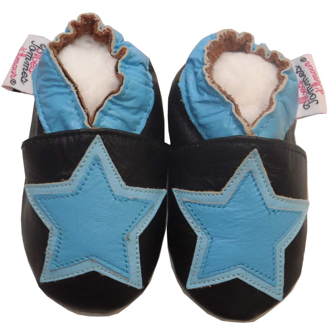 Chausson en cuir souple bébé enfant 04 ans BLEU MARINE étoile turquoise