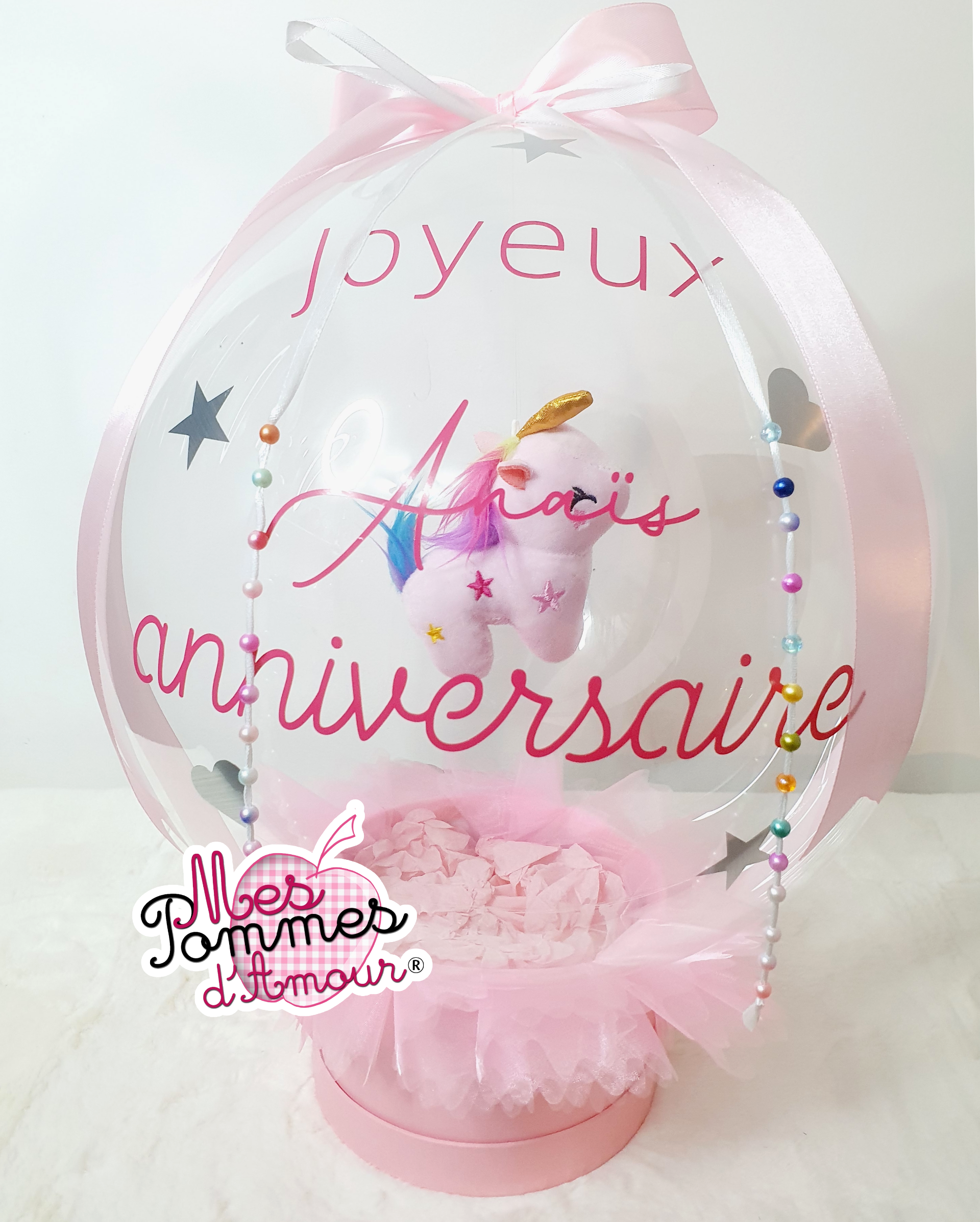 Bobo ballon bulle à offrir pour une fille pour l'anniversaire le baptême ou la naissance de bébé inscription et peluche licorne ruban rose